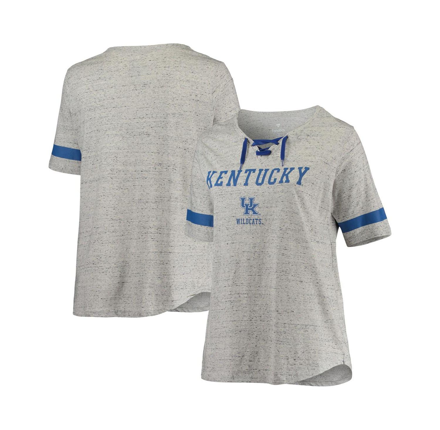 Women's Heathered Gray/Royal Kentucky Wildcats Plus Size Lace-Up V-Neck T-Shirt