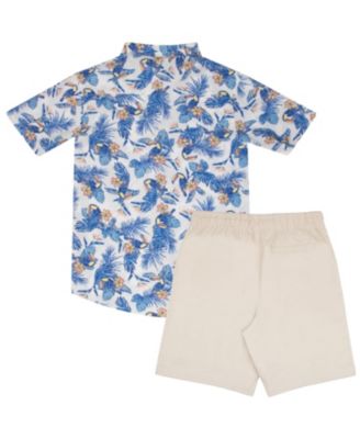 Boys Button Down Short Sleeve Hawaiian Elastic Woven Shirt and Short Set