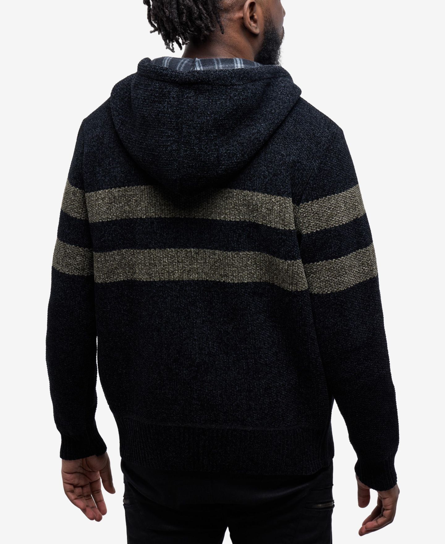 Мужской свитер CULTURA Full Zip Hooded Sweater With Stripes And Flannel Lining, цвет: Чёрный / Зелёный — фото 2