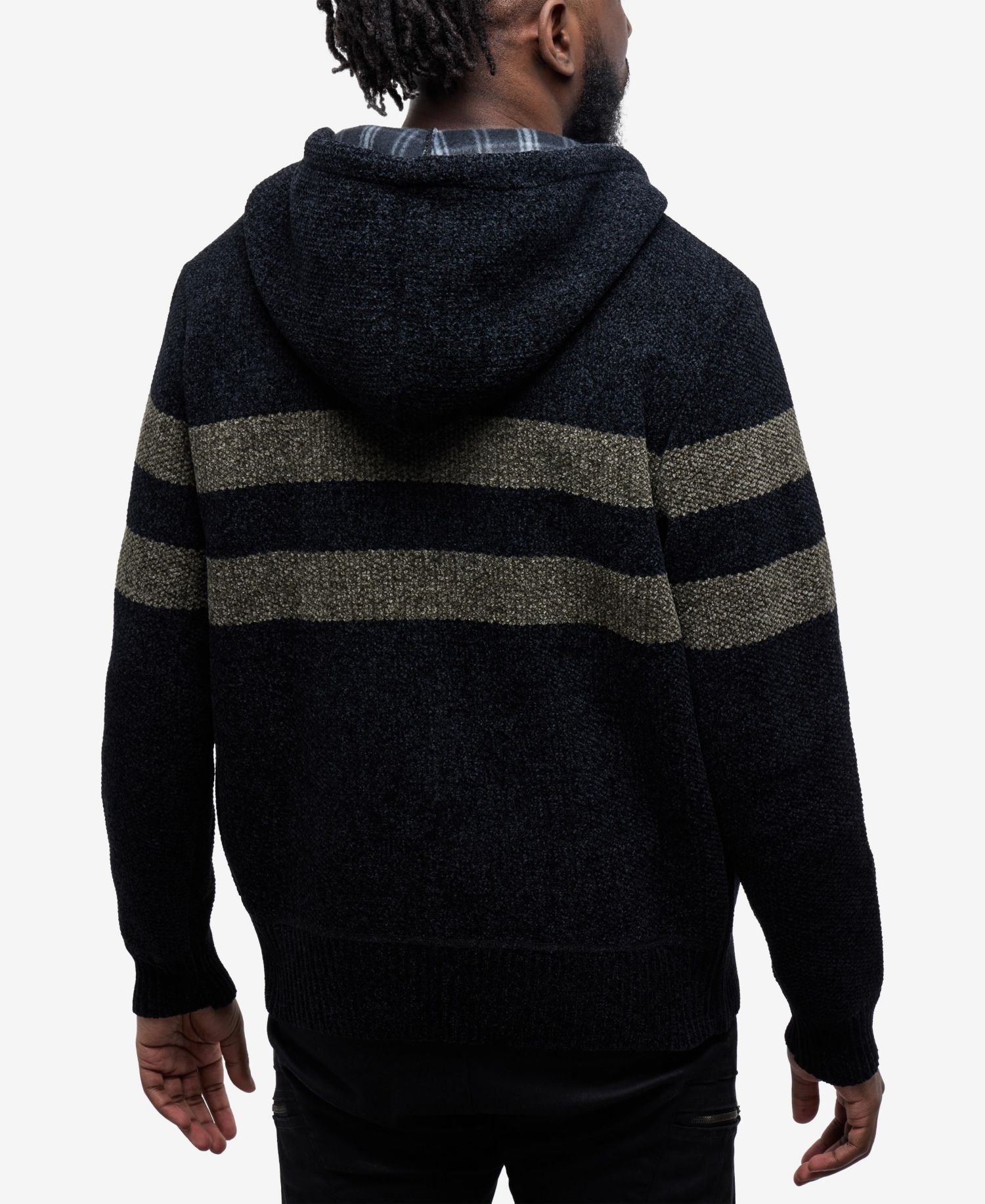 Men's Full Zip Hooded Sweater With Stripes And Flannel Lining
