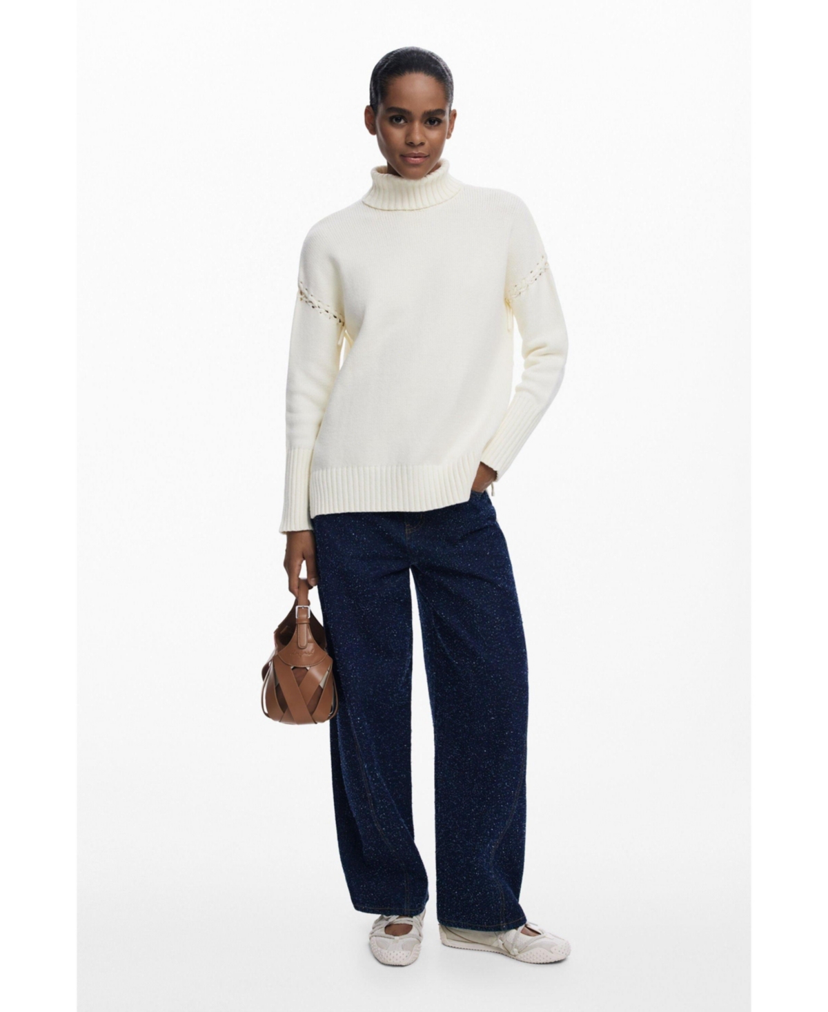 Desigual Laced Sleeve Turtleneck Sweater In White