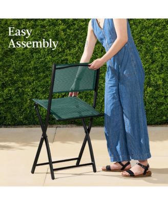 3-Piece Patio Bistro Dining Furniture Set w/ Round Textured Glass Tabletop, Folding Chairs