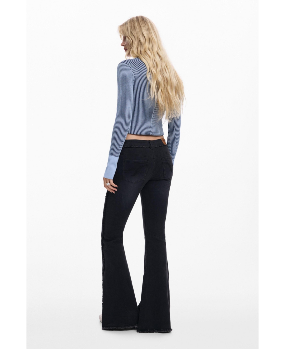 Desigual Frayed Low Rise Flare Jeans In Black