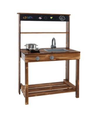 Kids Mud Kitchen Play Kitchen with Blackboard, Stoves, Removable Sink