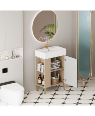 Open Shelving Bathroom Vanity with Ceramic Sink and Soft-Closing Door