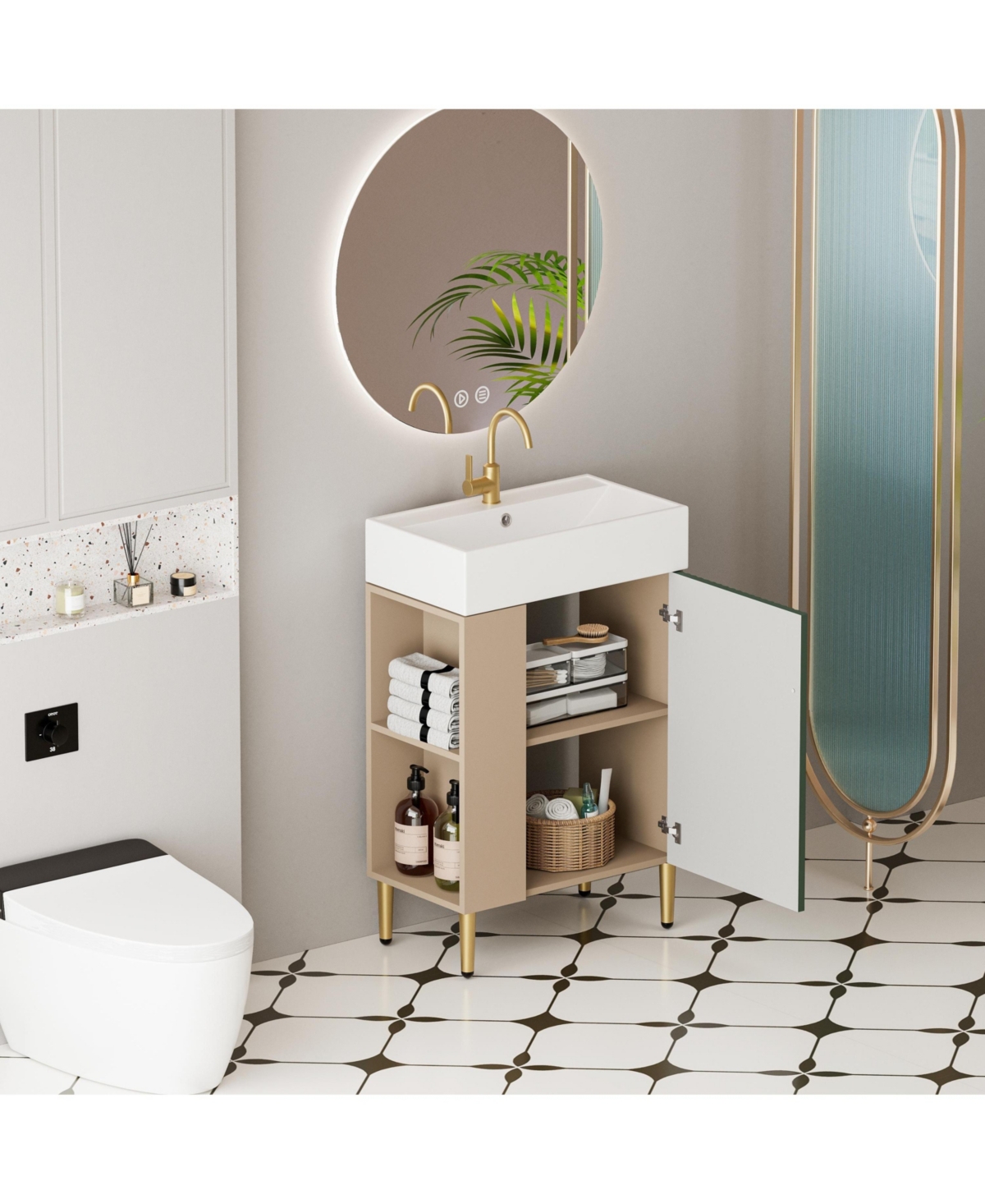 Slickblue Open Shelving Bathroom Vanity with Ceramic Sink and Soft-Closing Door