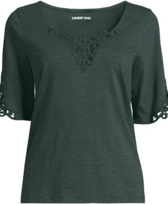 Women's Elbow Sleeve Slub Lace Trim T-Shirt