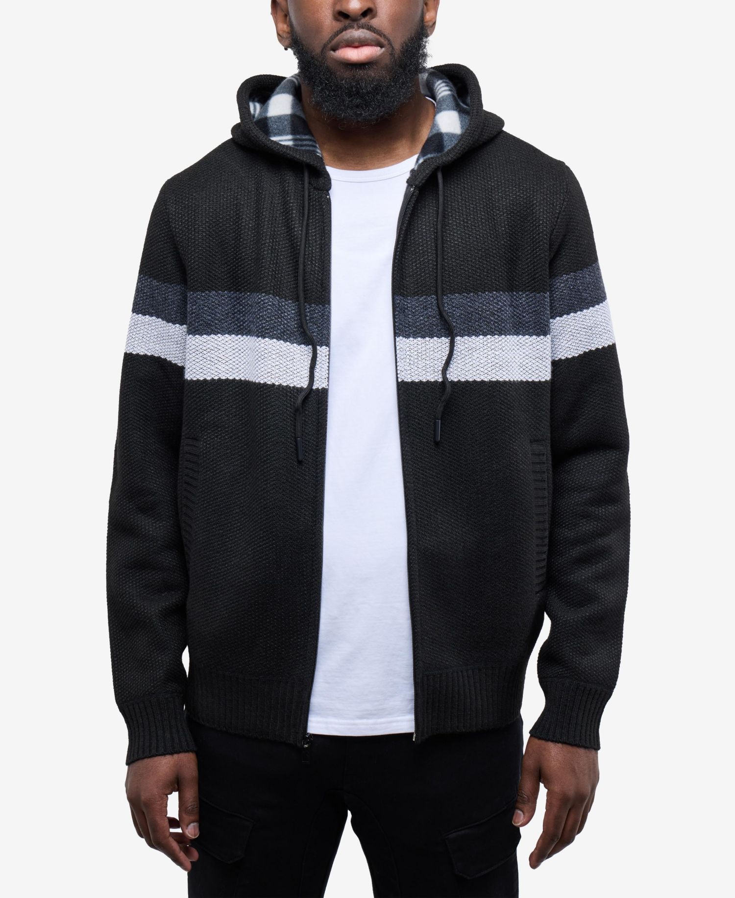Men's Hooded Fleece Lined Full Zip Sweater With Stripes