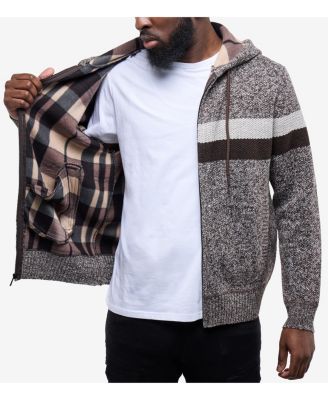 Men's Hooded Fleece Lined Full Zip Sweater With Stripes