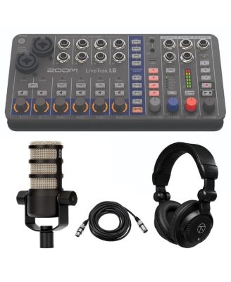 LiveTrak L6 10-Track Compact and Portable Digital Mixer/Recorder, Bundle with PodMic Microphone, TAPH100 Monitor Headphones, 25' Microphone Cable