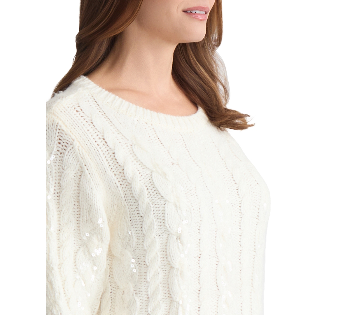 Jones New York Sequin Embellished Cable Crewneck Sweater In White