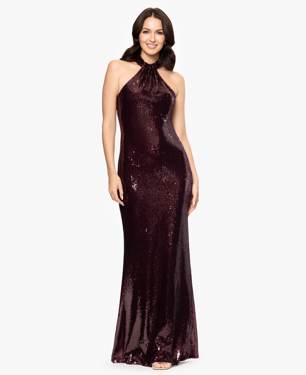 Betsy & Adam Women's Long Sequined Halter Neck Gown In Burgundy