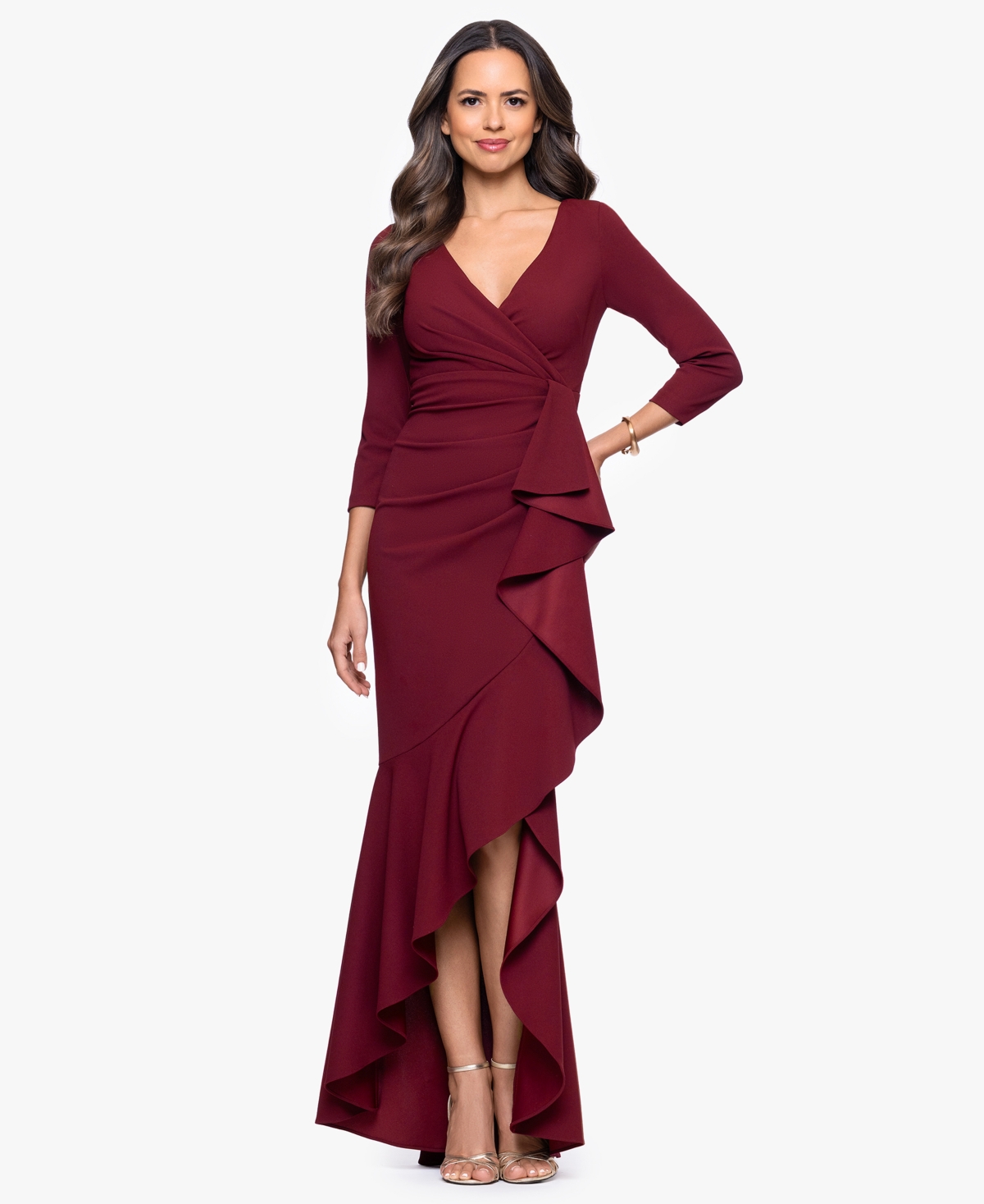 Betsy & Adam Women's Long Cascading Ruffle Gown
