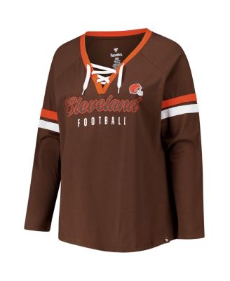 Women's Brown Cleveland Browns Plus Size Won Done Lace-Up V-Neck Long Sleeve T-Shirt