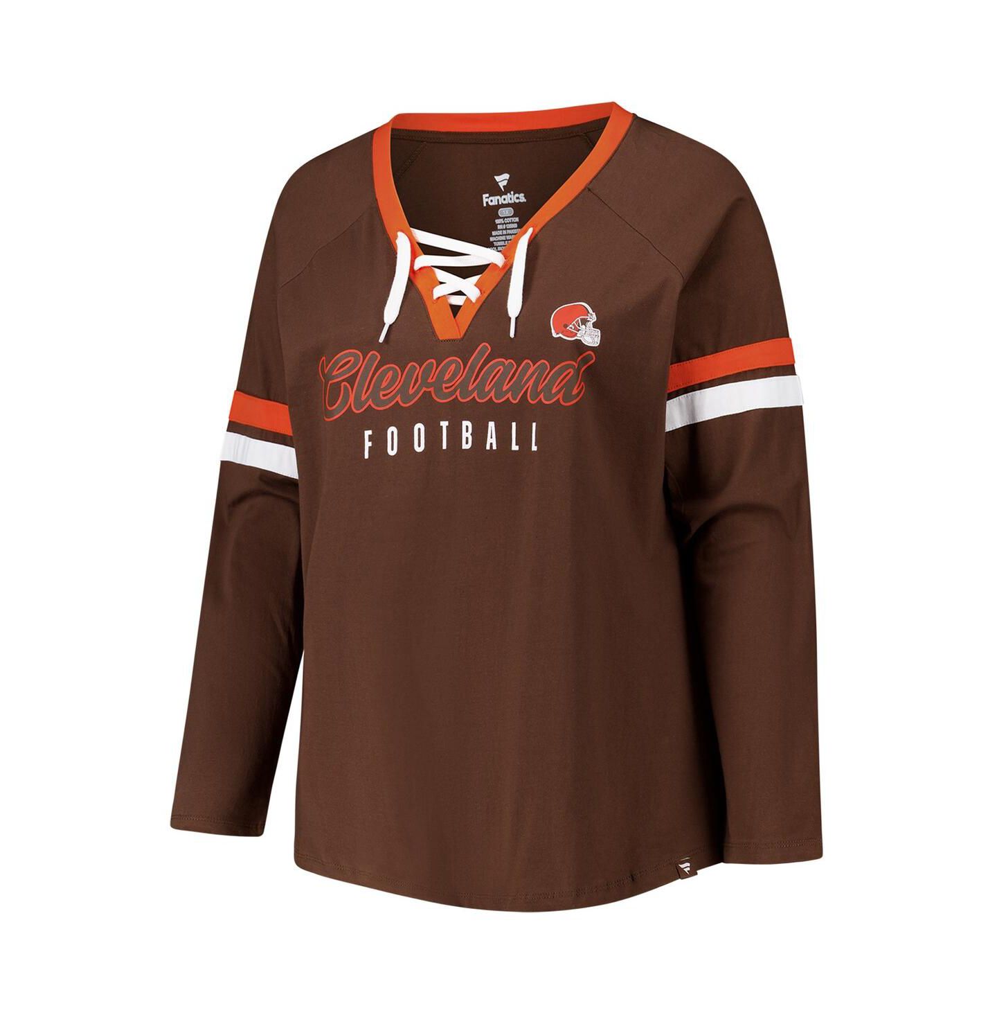 Женская футболка Fanatics Brown Cleveland Browns Plus Size Won Done Lace-Up V-Neck Long Sleeve — фото 3