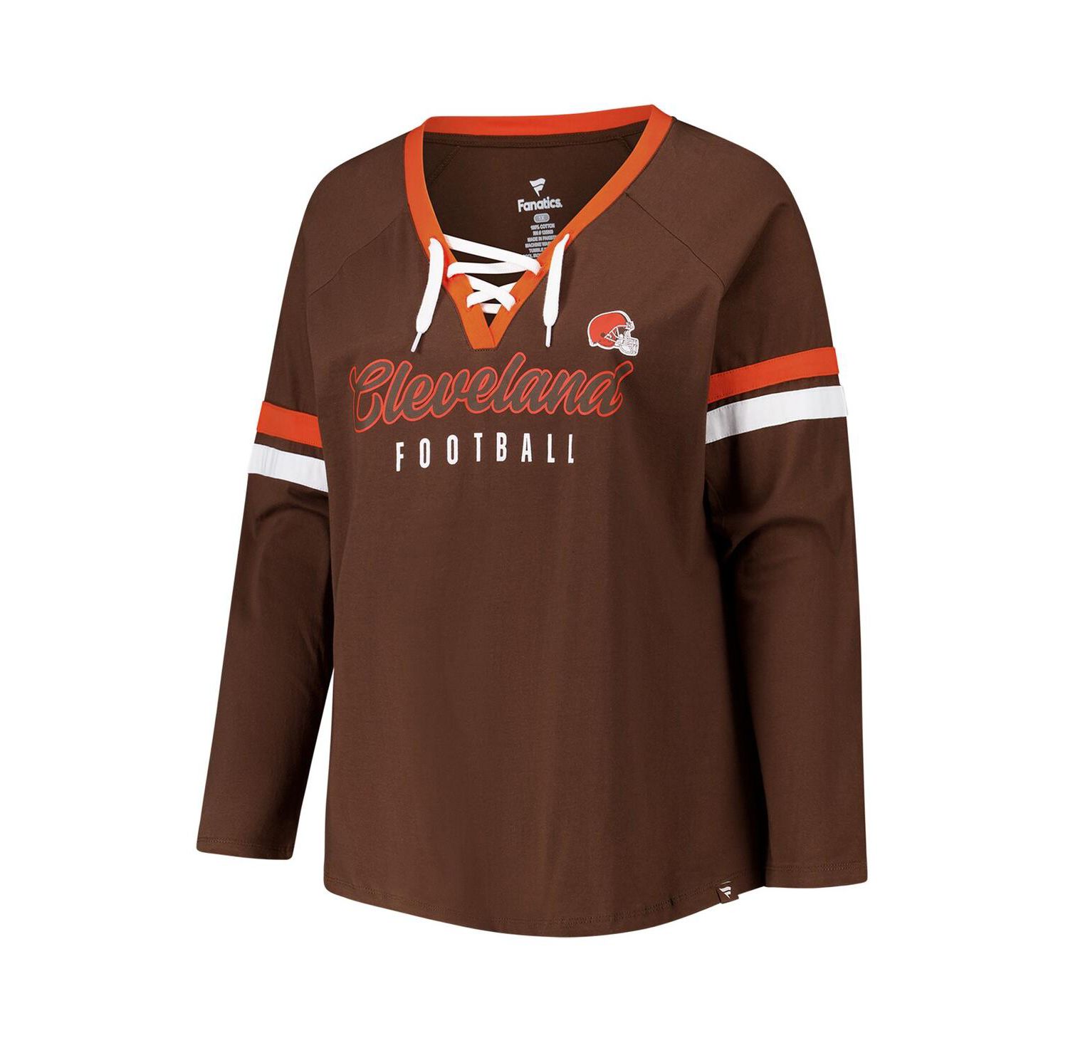 Women's Brown Cleveland Browns Plus Size Won Done Lace-Up V-Neck Long Sleeve T-Shirt