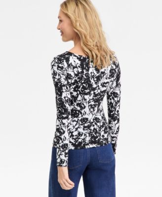 Women's Printed Long-Sleeve Shirred-Front Top, Macy's Exclusive