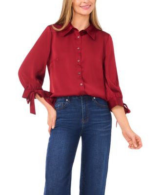 Women's 3/4-Sleeve Tie Cuffs Button-Down Blouse