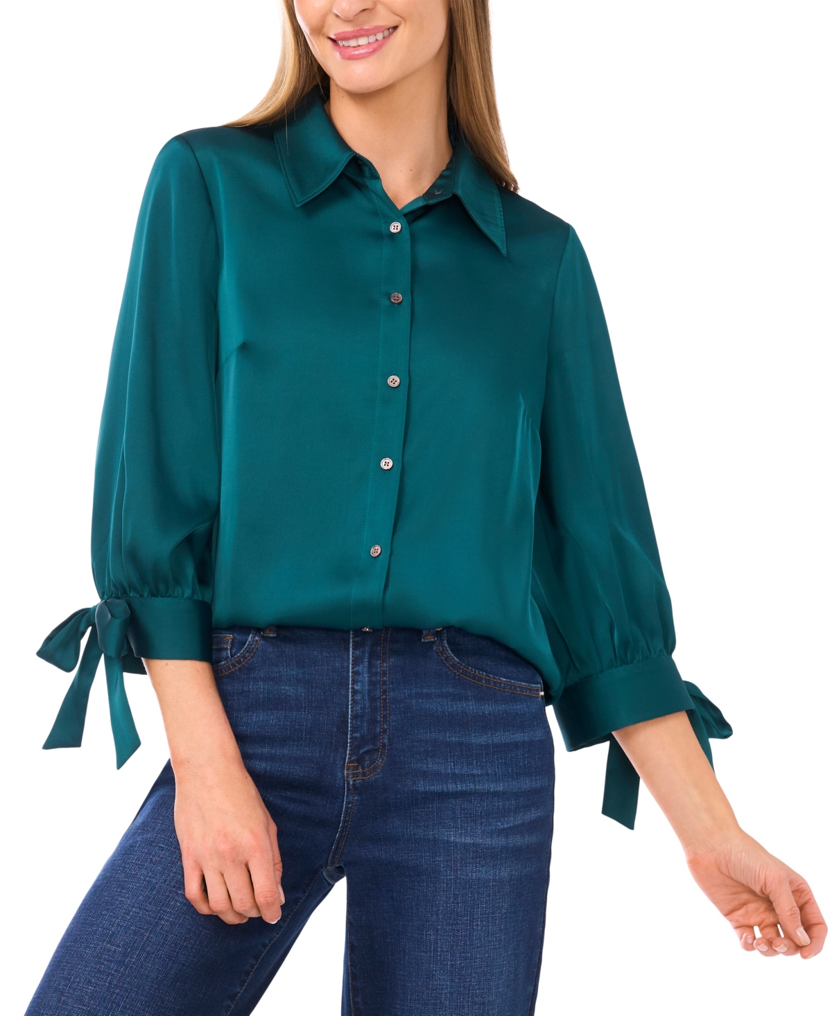 CeCe Women's 3/4-Sleeve Tie Cuffs Button-Down Blouse