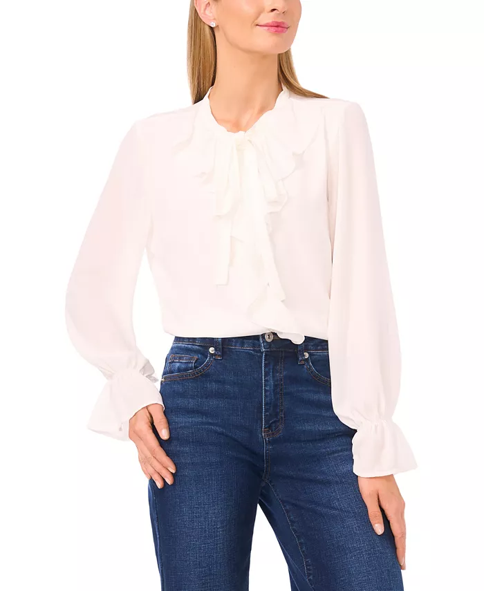 Women's Long Sleeve Button-Down Ruffle Top - thumbnail 4