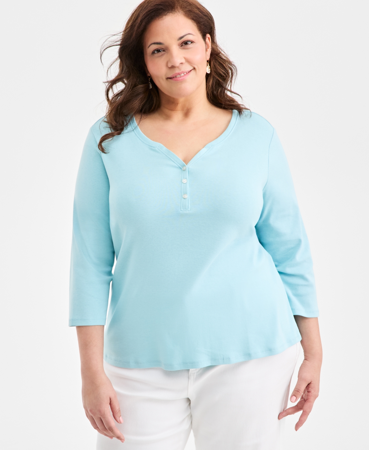 Style & Co Plus 3/4-Sleeve Cotton Henley Top, Exclusively at Macy's