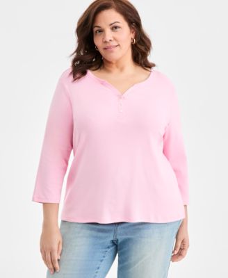 Plus Size 3/4-Sleeve Cotton Henley Top, Macy's Exclusive 