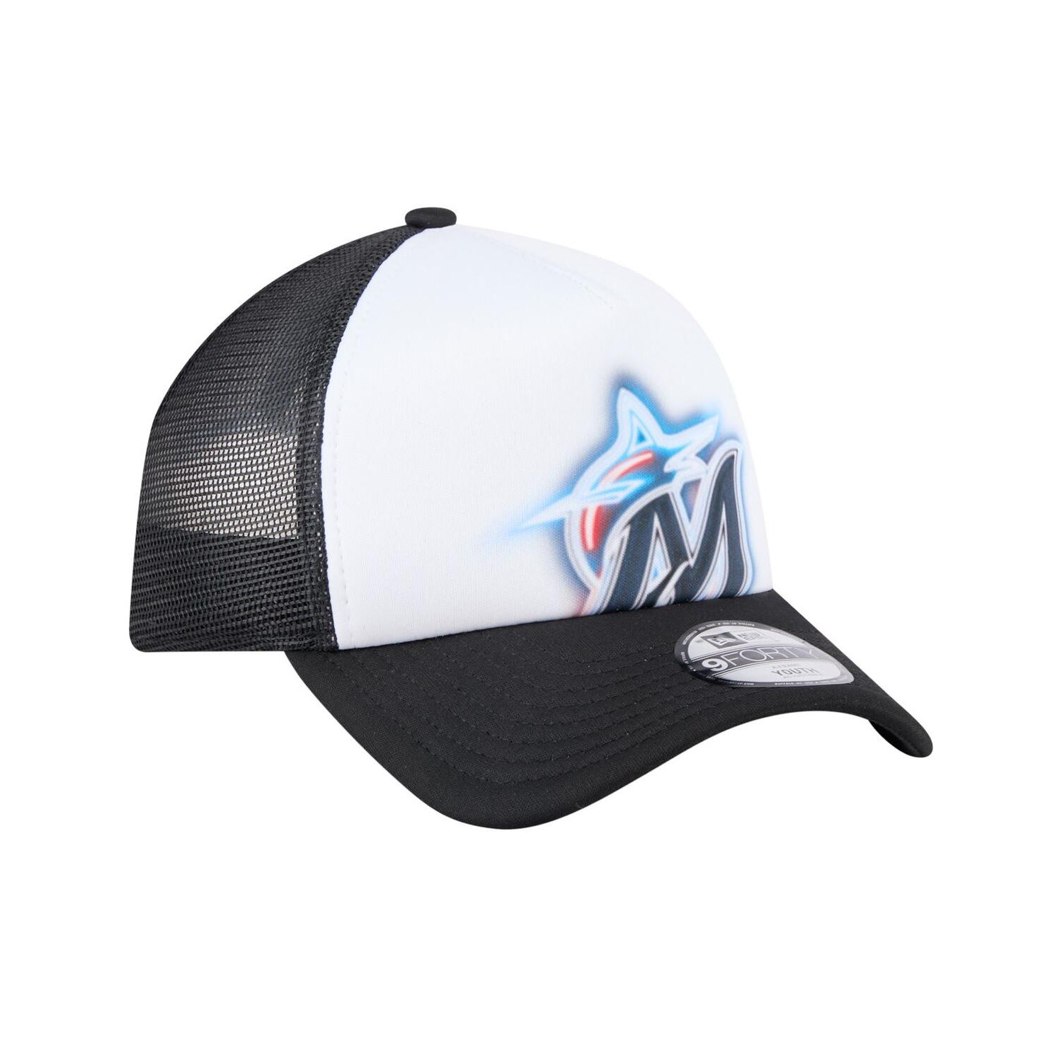 Toddler White/Black Miami Marlins Painted A-Frame 9FORTY Trucker Adjustable Hat