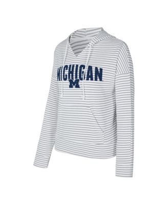 Men's White/Gray Michigan Wolverines French Terry Striped V-Neck Pullover Hoodie