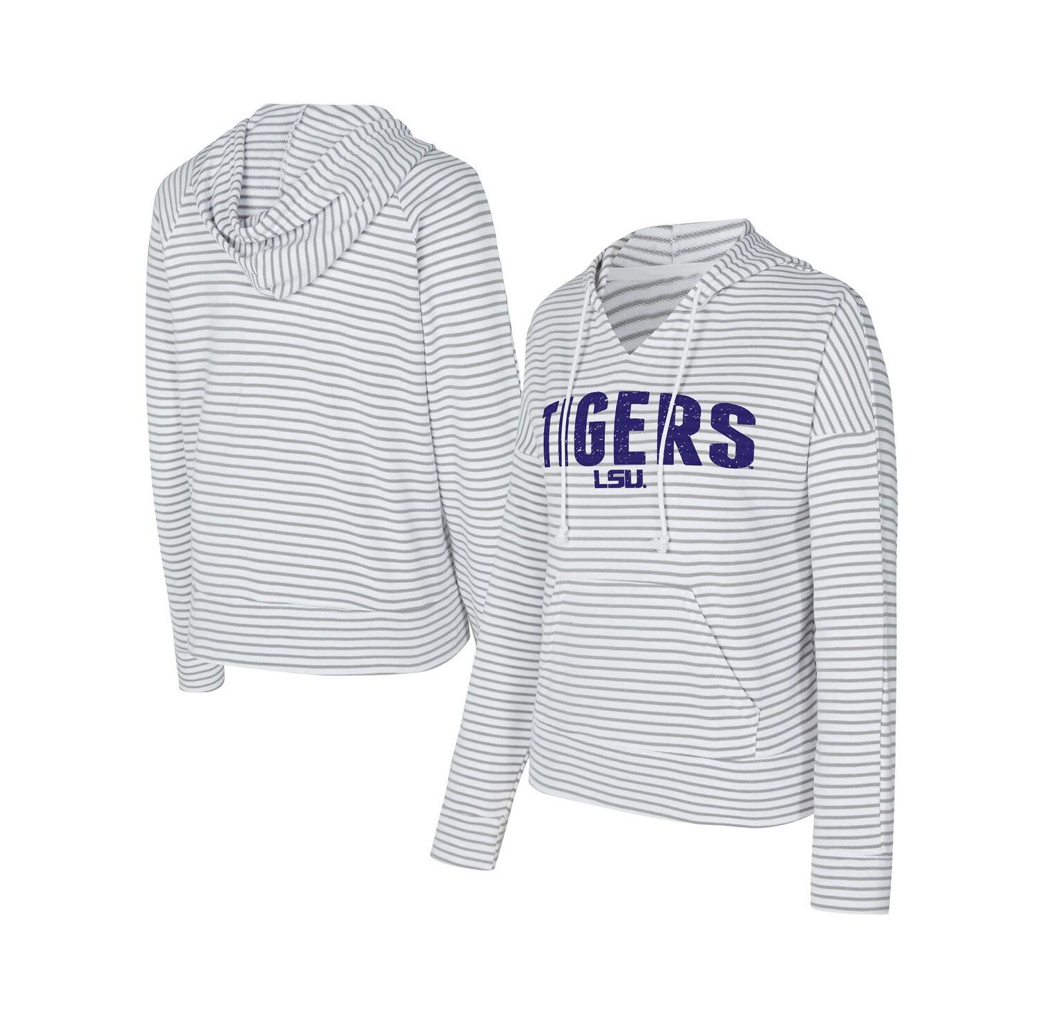 Men's White/Gray LSU Tigers French Terry Striped V-Neck Pullover Hoodie