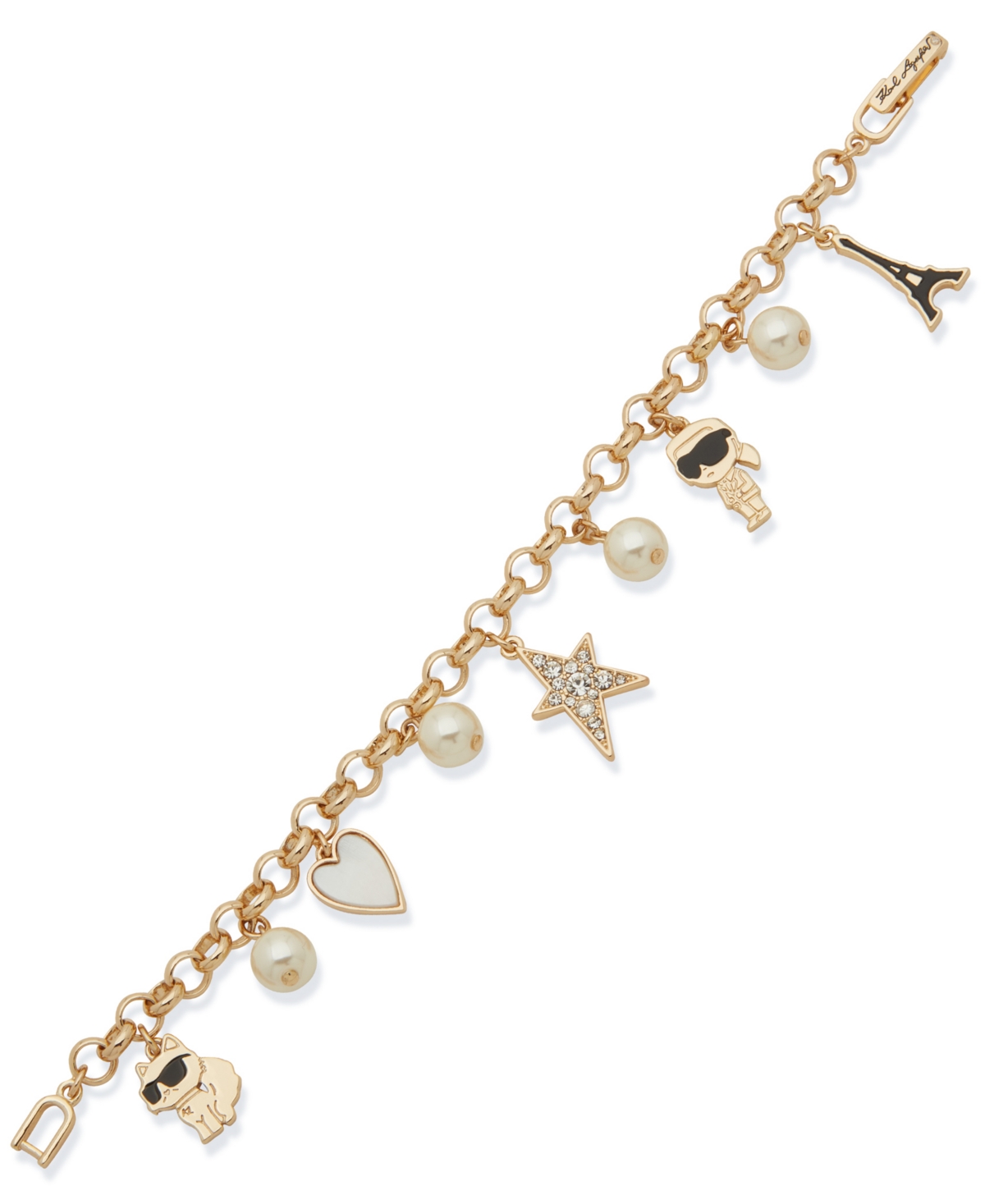 Karl Lagerfeld Gold Imitation Pearl Charm Flex Bracelet In Gold