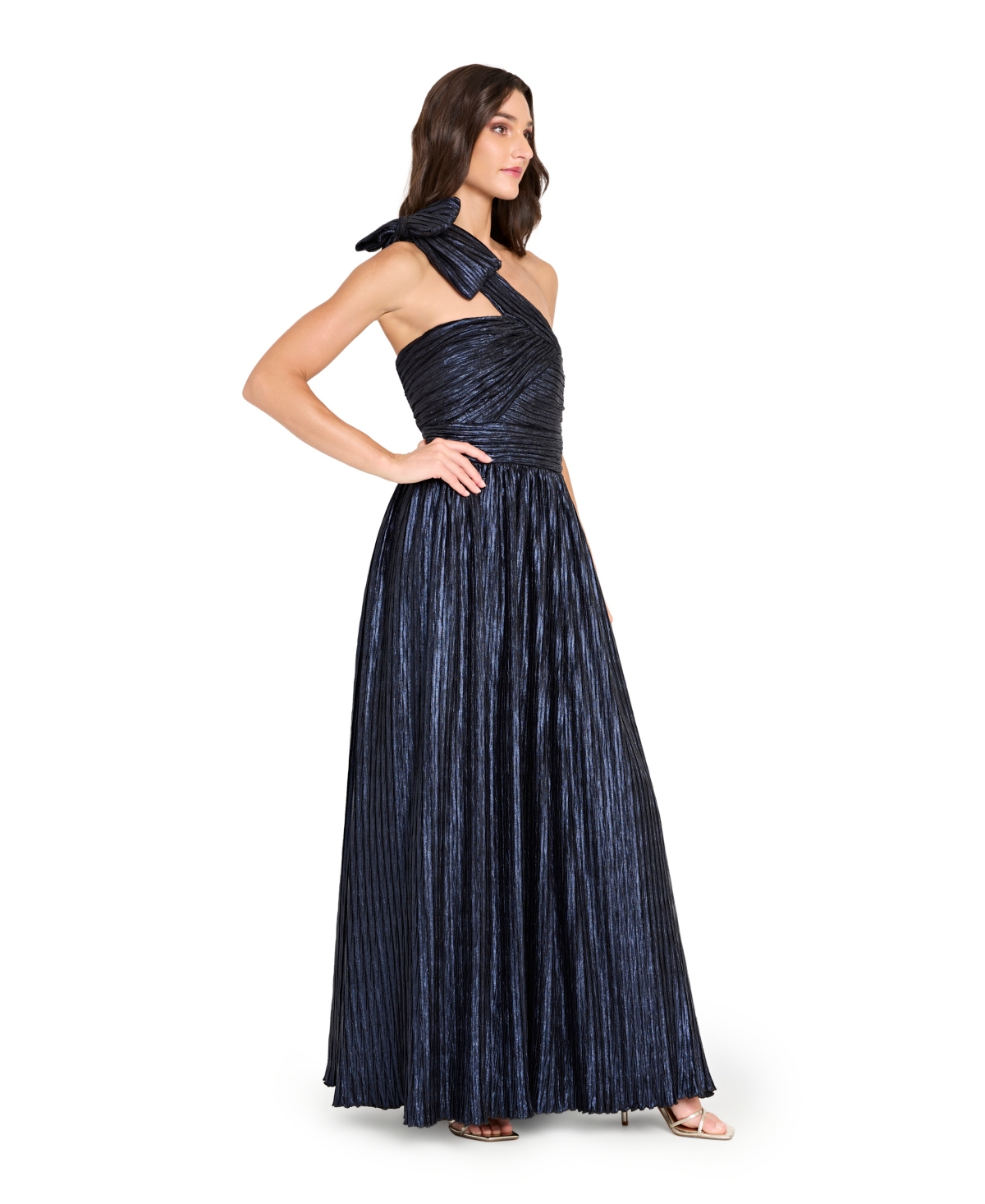 Tahari Asl One-shoulder Crinkle Evening Gown In Blue