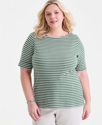 Plus Size Boat-Neck Elbow Sleeve Cotton Top, Exclusively at Macy's