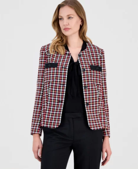 Women's Houndstooth Collarless Button-Front Jacket, Regular & Petite - Black/Fire Red Multi