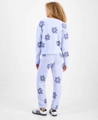 Hippie Rose Juniors Floral Teddy Knit Tank Cardigan Set Floral Teddy Knit Jogger Pants In Blue