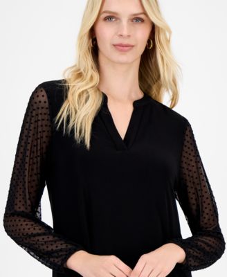 Women's Split-Neck Long-Dot-Sleeve Blouse, Regular & Petite