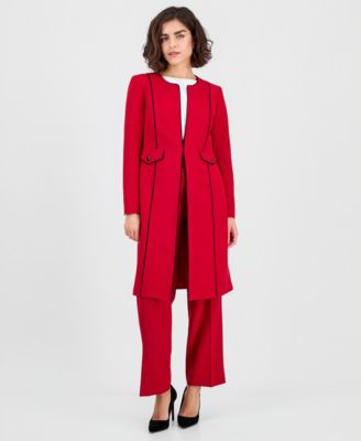 Women's Stretch Crepe Piping-Trim Long Jacket 