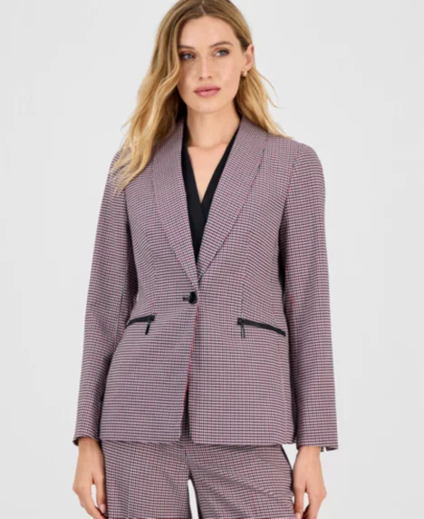 Women's Houndstooth One-Button Jacket, Regular & Petite - Black/Fire Red Multi