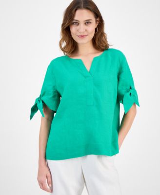 Women's 100% Linen Split-Neck Tie-Cuff Top, Created for Macy's