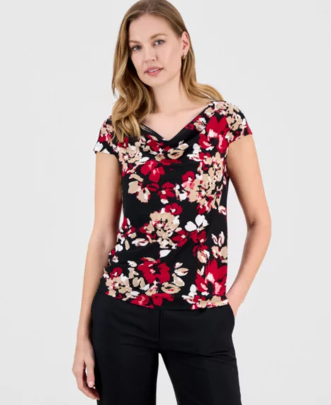 Women's Printed Cowlneck Blouse, Regular & Petite - Black Multi
