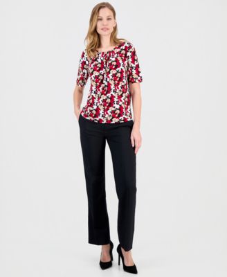 Women's Printed Pleated-Neck Top, Regular & Petite