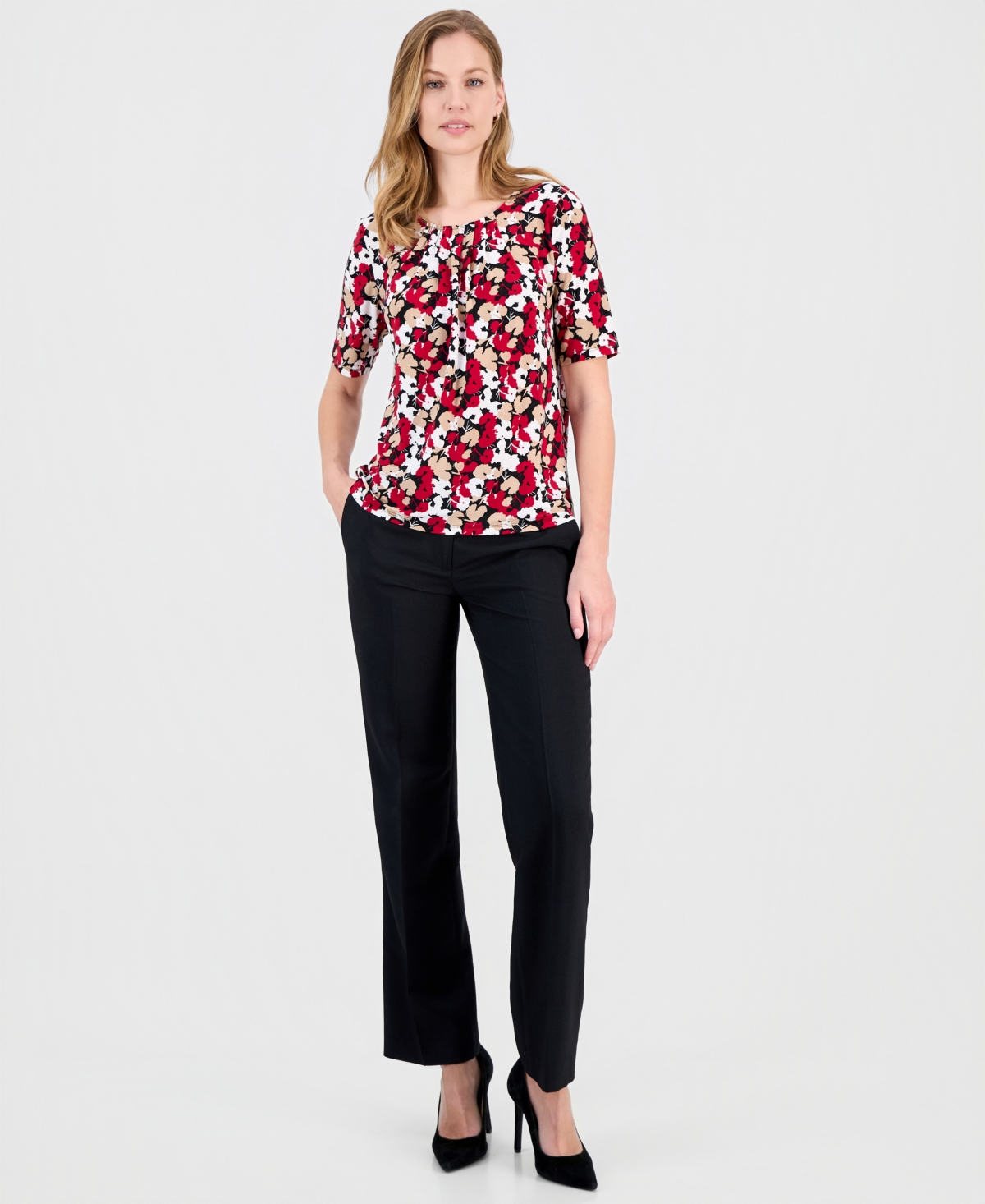 Kasper Petite Printed Box-Pleat Elbow-Sleeve Top