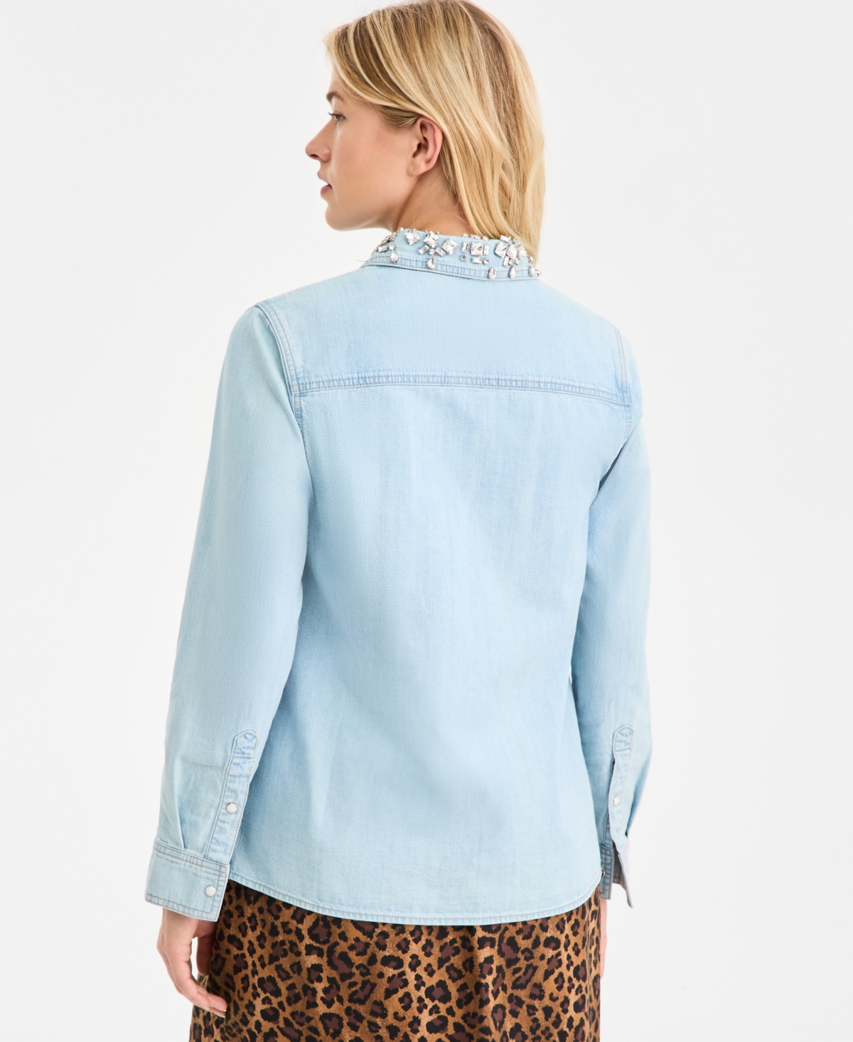 On 34th Trendy Plus Size Embellished Collar Denim Shirt Embellished Cropped Barrel Leg Jeans Macys Exclusive In Blue