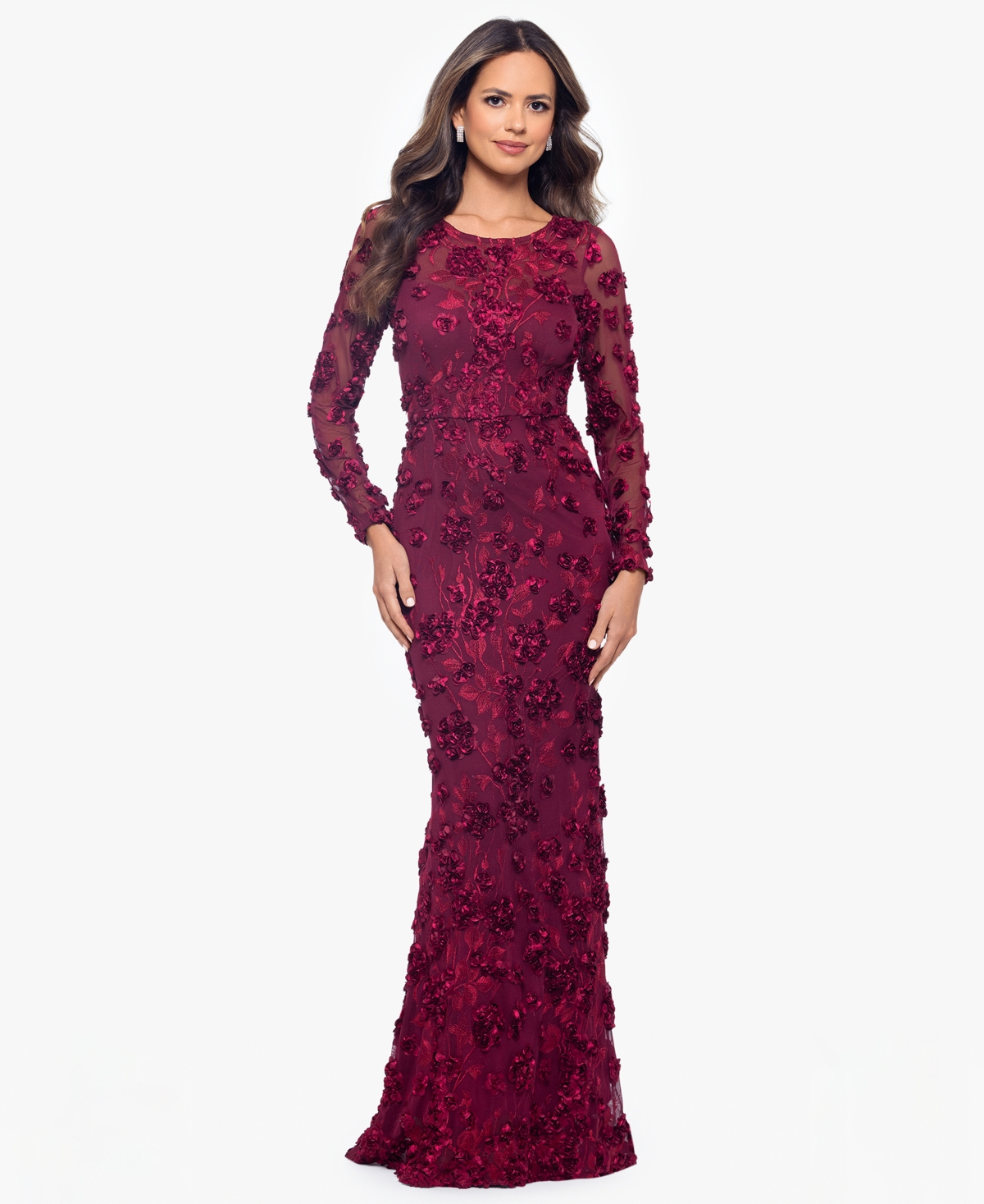 Xscape Women's Long Sleeve Rose Flower Dress In Pink