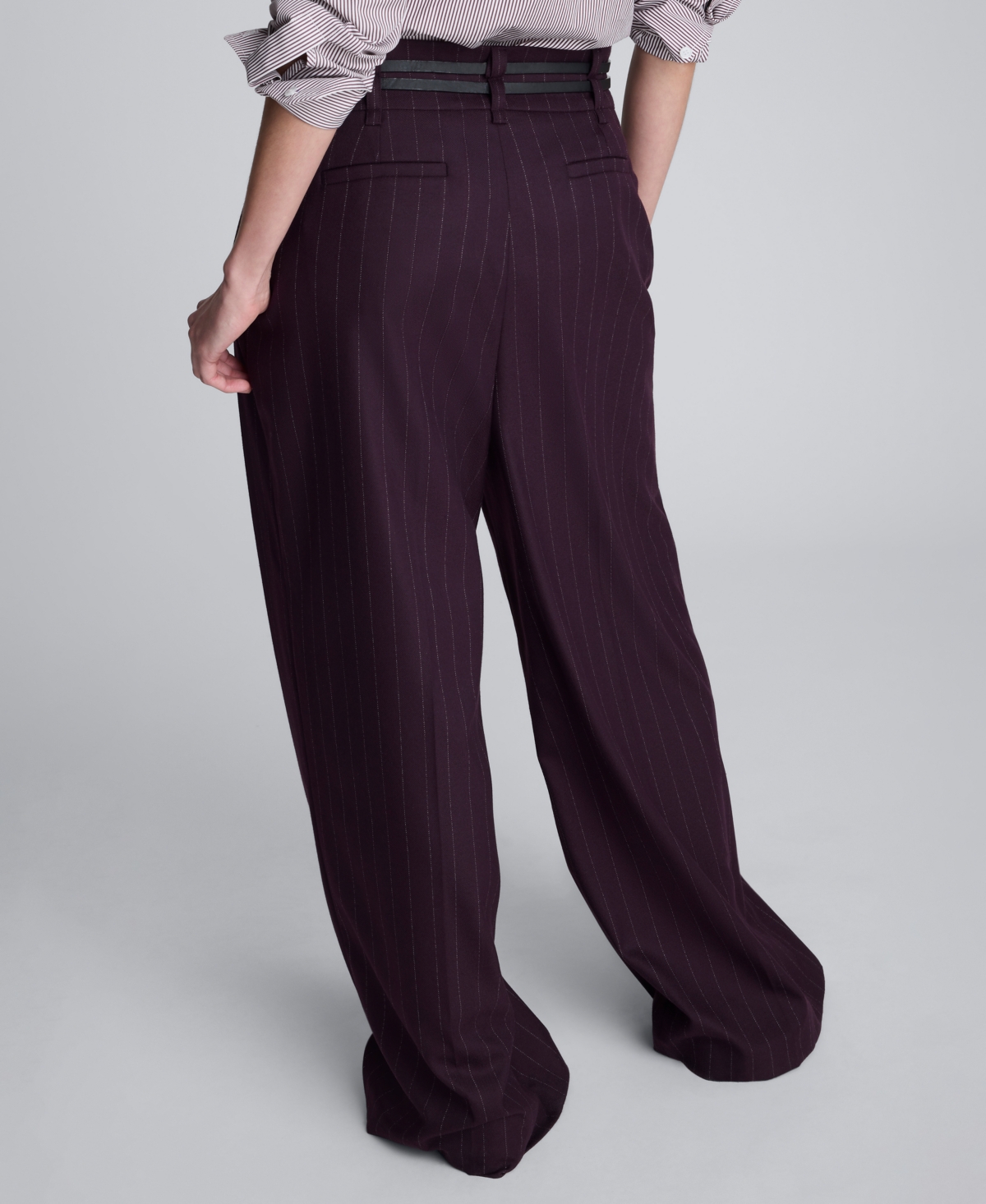 Kenneth Cole Pinstripe Pleated Double Belted High Waist Wide Leg Pants In Black