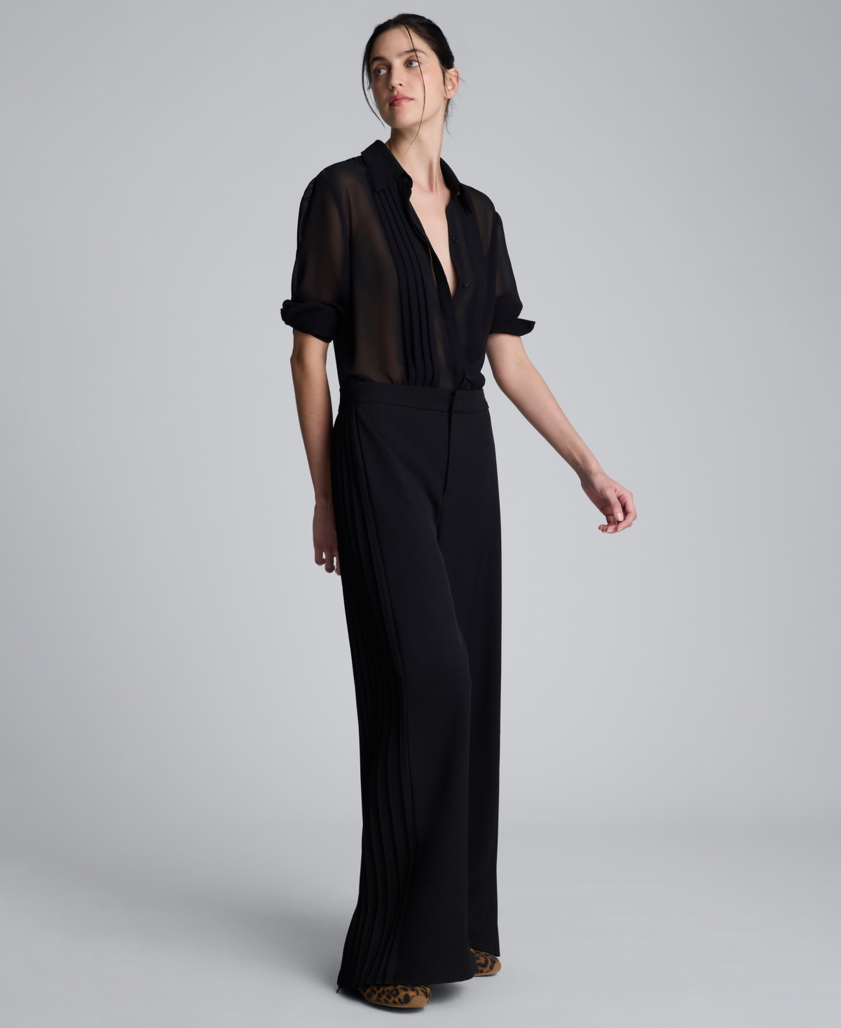 Kenneth Cole Chiffon Pleated Long Sleeve Blouse In Black