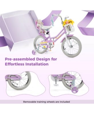 Kids Bicycle with Basket Doll Seat Colorful Streamers Training Wheels Purple