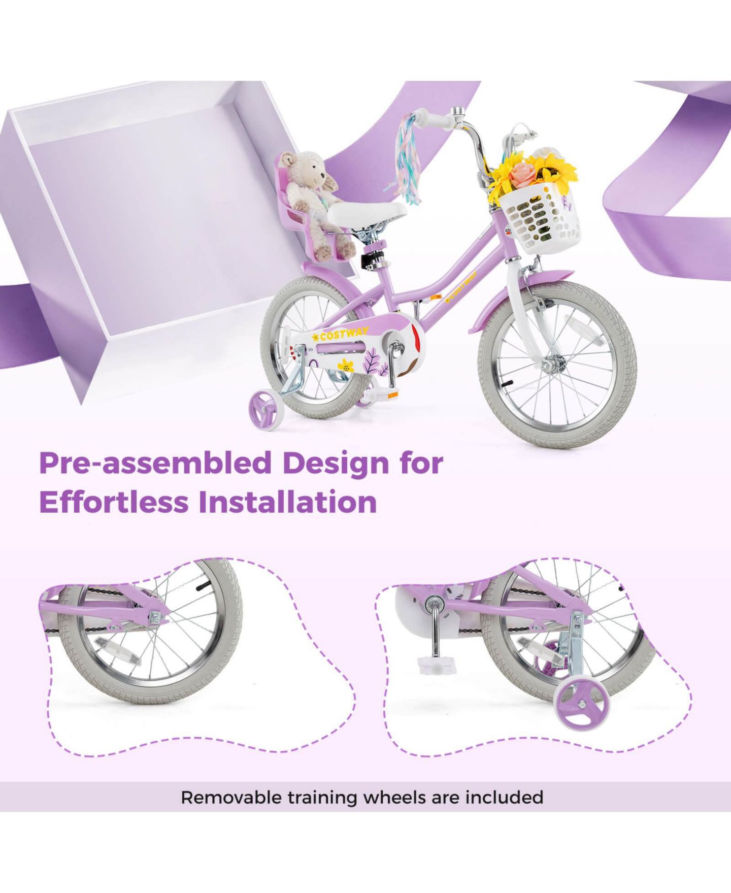 Детская игрушка Costway 16-Inch Kids' Bicycle with Training Wheels and Adjustable Seat, 145 lbs, Ages 4-7, цвет: Фиолетовый — фото 8