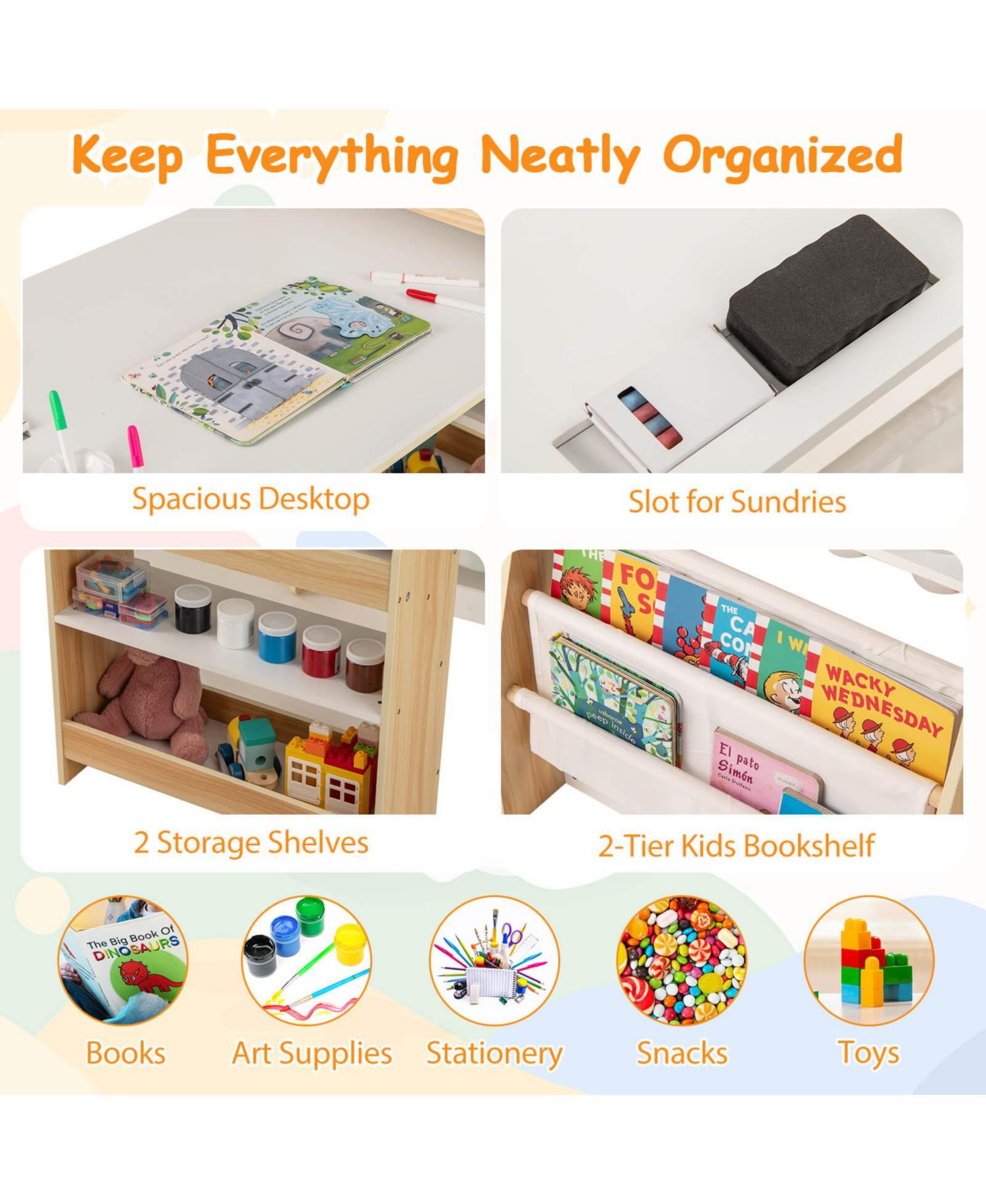 Kids Art Table and Chair Set with Easel Whiteboard Chalkboard Paper