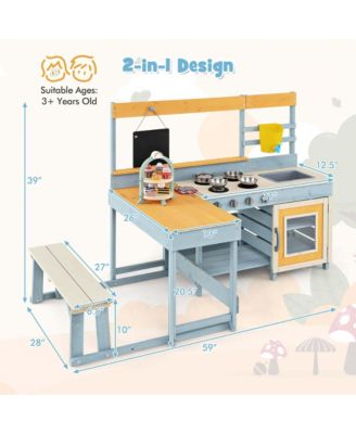 Mud Kitchen with Kids Picnic Table Built-in Bench Blackboard Water Box Sink