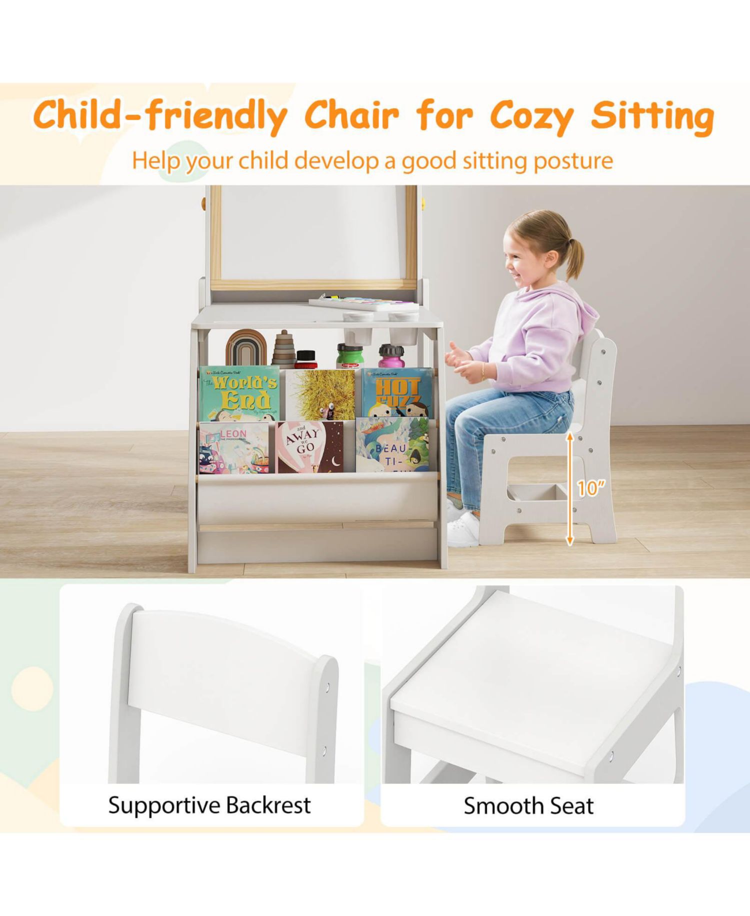 Kids Art Table and Chair Set with Easel Whiteboard Chalkboard Paper